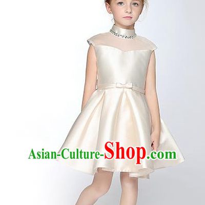 Children Model Show Dance Costume Crystal Beige Satin Full Dress, Ceremonial Occasions Catwalks Princess Dress for Girls