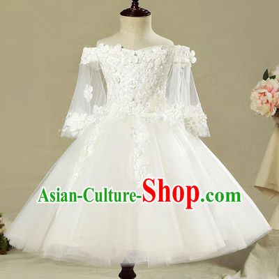 Children Model Show Dance Costume Off Shoulder Veil Dress, Ceremonial Occasions Catwalks Princess Full Dress for Girls