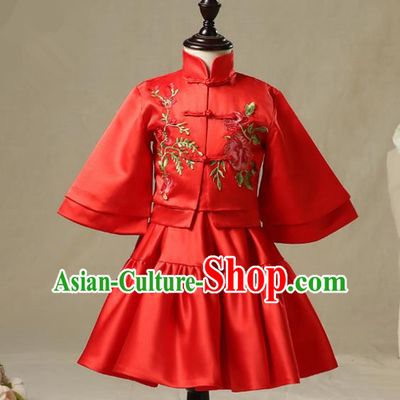 Children Model Show Dance Costume China Red Xiuhe Suit, Ceremonial Occasions Catwalks Princess Cheongsam for Girls