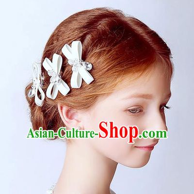 Handmade Children Hair Accessories White Bowknot Hair Stick, Princess Halloween Model Show Hair Claw Headwear for Kids