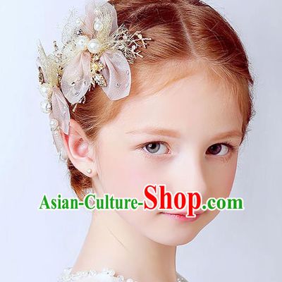 Handmade Children Hair Accessories Bowknot Pearls Hair Stick, Princess Halloween Model Show Hair Claw Headwear for Kids