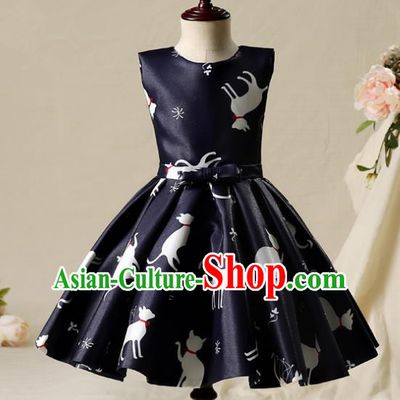 Children Model Show Dance Costume Navy Full Dress, Ceremonial Occasions Catwalks Princess Bubble Dress for Girls