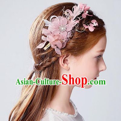 Handmade Children Hair Accessories Pink Flowers Hair Stick, Princess Halloween Model Show Hair Claw Headwear for Kids