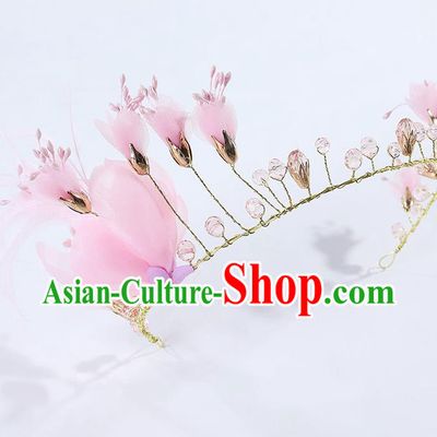 Handmade Children Hair Accessories Pink Flowers Royal Crown, Princess Halloween Model Show Hair Clasp Headwear for Kids