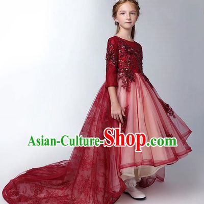 Children Model Show Dance Costume Red Lace Trailing Full Dress, Ceremonial Occasions Catwalks Princess Embroidery Dress for Girls