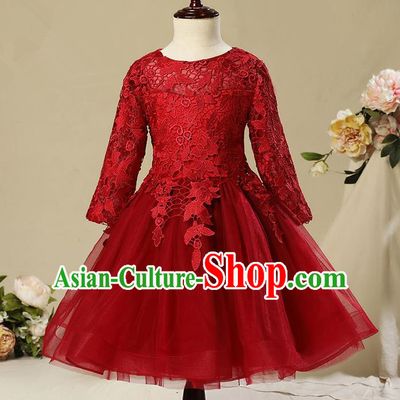Children Model Show Dance Costume Red Veil Bubble Full Dress, Ceremonial Occasions Catwalks Princess Embroidery Dress for Girls