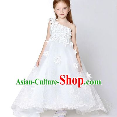 Children Model Show Dance Costume White One-shoulder Trailing Full Dress, Ceremonial Occasions Catwalks Princess Embroidery Dress for Girls