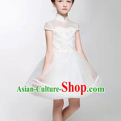 Children Model Show Dance Costume White Bubble Full Dress, Ceremonial Occasions Catwalks Princess Embroidery Dress for Girls