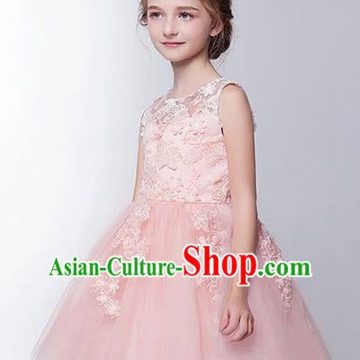 Children Model Show Dance Costume Pink Bubble Full Dress, Ceremonial Occasions Catwalks Princess Embroidery Dress for Girls