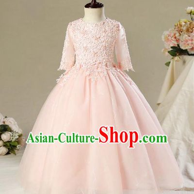 Children Model Dance Costume Compere Pink Lace Full Dress, Ceremonial Occasions Catwalks Princess Embroidery Dress for Girls