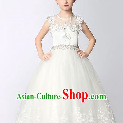 Children Model Dance Costume Compere White Crystal Full Dress, Ceremonial Occasions Catwalks Princess Embroidery Dress for Girls