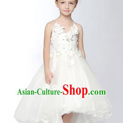 Children Model Dance Costume Compere White Veil Full Dress, Ceremonial Occasions Catwalks Princess Embroidery Dress for Girls