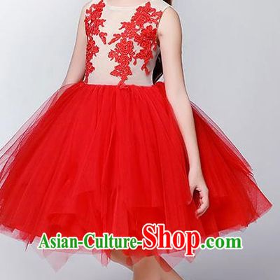 Children Model Dance Costume Compere Red Veil Full Dress, Ceremonial Occasions Catwalks Princess Embroidery Dress for Girls