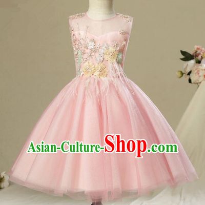 Children Model Dance Costume Compere Pink Veil Full Dress, Ceremonial Occasions Catwalks Princess Embroidery Dress for Girls