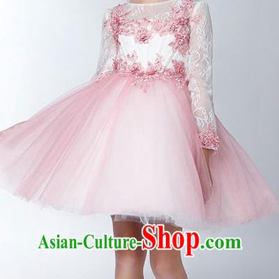 Children Model Dance Costume Compere Pink Long Sleeve Full Dress, Ceremonial Occasions Catwalks Princess Embroidery Dress for Girls