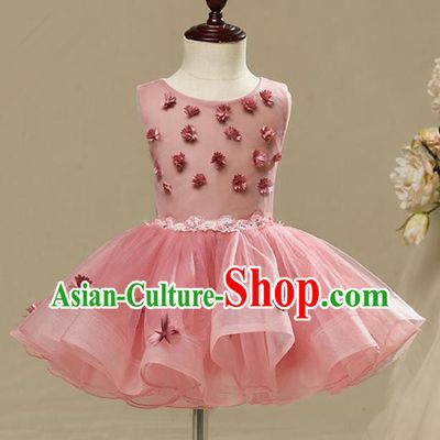 Children Model Dance Costume Compere Pink Bubble Full Dress, Ceremonial Occasions Catwalks Princess Embroidery Dress for Girls