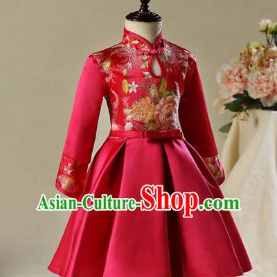 Children Model Dance Costume Compere China Wine Red Satin Cheongsam, Ceremonial Occasions Catwalks Princess Embroidery Dress for Girls