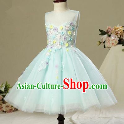 Children Model Dance Costume Compere Green Bubble Full Dress, Ceremonial Occasions Catwalks Princess Embroidery Dress for Girls