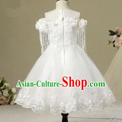 Children Model Dance Costume Compere White Tassel Full Dress, Ceremonial Occasions Catwalks Princess Embroidery Dress for Girls