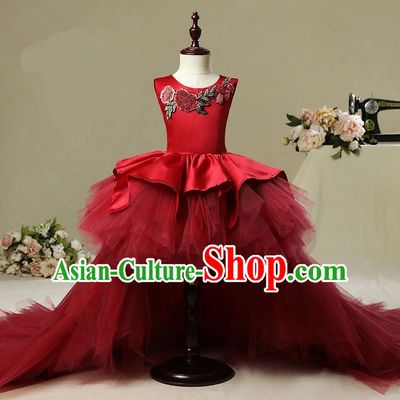 Children Model Dance Costume Compere Red Veil Trailing Full Dress, Ceremonial Occasions Catwalks Princess Embroidery Dress for Girls