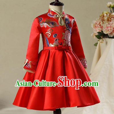 Children Model Dance Costume Compere China Red Satin Cheongsam, Ceremonial Occasions Catwalks Princess Embroidery Dress for Girls