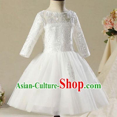 Children Modern Dance Costume Compere White Veil Embroidery Short Evening Dress Princess Dress for Girls
