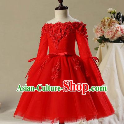 Children Modern Dance Costume Compere Red Veil Embroidery Short Evening Dress Princess Dress for Girls