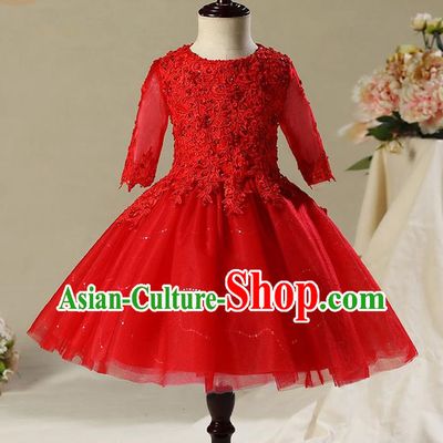 Children Model Dance Costume Compere Red Veil Short Evening Dress, Ceremonial Occasions Catwalks Princess Embroidery Dress for Girls