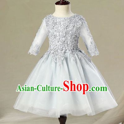Children Model Dance Costume Compere Grey Veil Bubble Evening Dress, Ceremonial Occasions Catwalks Princess Embroidery Dress for Girls