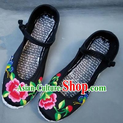 Asian Chinese National Black Embroidered Shoes, Traditional China Princess Handmade Shoes Hanfu Embroidery Peony Shoe for Women