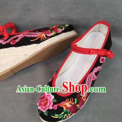 Asian Chinese National Embroidered Shoes, Traditional China Handmade Shoes Hanfu Embroidery Phoenix Peony Black Shoe for Women