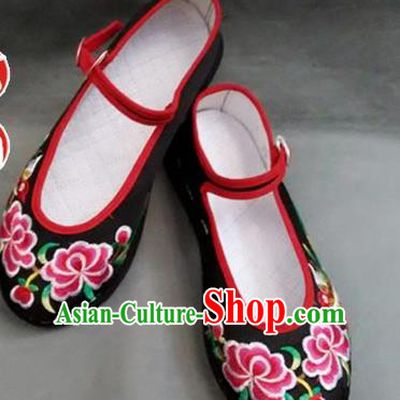 Asian Chinese National Wedding Black Embroidered Shoes, Traditional China Handmade Shoes Hanfu Embroidery Phoenix Peony Shoes for Women