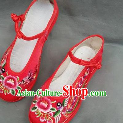 Asian Chinese National Wedding Red Embroidered Shoes, Traditional China Handmade Shoes Hanfu Embroidery Peony Shoes for Women