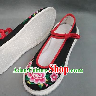 Traditional Chinese National Black Cloth Shoes Embroidered Shoes, China Handmade Shoes Hanfu Embroidery Peony Shoes for Women