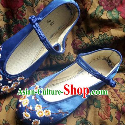 Traditional Chinese National Blue Satin Shoes Embroidered Shoes, China Handmade Shoes Hanfu Embroidery Shoes for Women