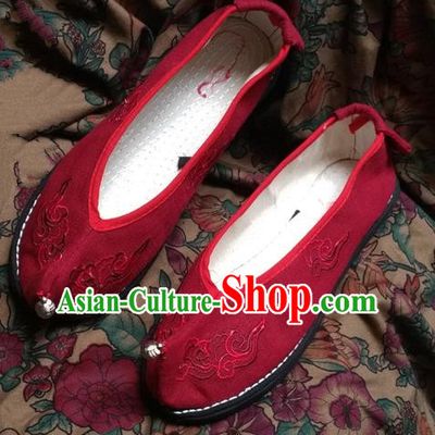 Asian Chinese National Embroidery Wedding Red Shoes Handmade Embroidered Shoes, Traditional China Princess Shoes Hanfu Shoe for Women