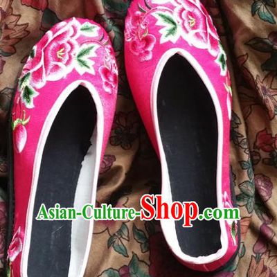 Asian Chinese National Embroidery Peony Wedding Pink Shoes, Traditional China Princess Handmade Embroidered Shoes Hanfu Shoe for Women