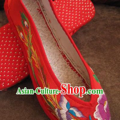Traditional Chinese National Red Wedding Shoes Embroidered Shoes, China Handmade Shoes Hanfu Embroidery Dragon and Phoenix Shoes for Women