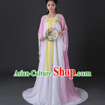 Asian China Ancient Tang Dynasty Palace Lady Costume, Traditional Chinese Princess Hanfu Embroidered Pink Dress Clothing for Women