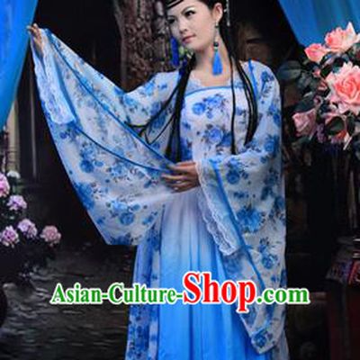 Asian China Ancient Tang Dynasty Palace Lady Costume, Traditional Chinese Hanfu Imperial Consort Embroidered Blue Dress Clothing for Women