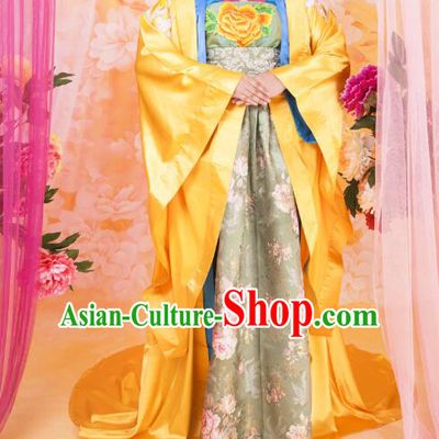 Asian China Ancient Tang Dynasty Palace Lady Costume, Traditional Chinese Hanfu Imperial Consort Embroidered Golden Dress Clothing for Women