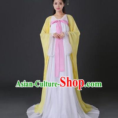 Asian China Ancient Tang Dynasty Palace Lady Costume, Traditional Chinese Princess Hanfu Embroidered Yellow Dress Clothing for Women
