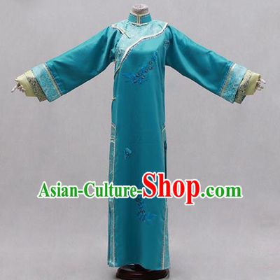 Traditional Ancient Chinese Manchu Palace Lady Costume, Asian Chinese Qing Dynasty Princess Embroidered Blue Dress Clothing for Women