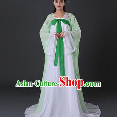 Asian China Ancient Tang Dynasty Palace Lady Costume, Traditional Chinese Princess Hanfu Embroidered Light Green Dress Clothing for Women