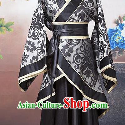Asian China Ancient Han Dynasty Palace Lady Costume, Traditional Chinese Hanfu Embroidered Black Curve Bottom Clothing for Women