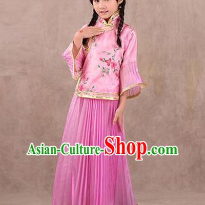 Traditional Ancient Chinese Republic of China Children Embroidered Costume, Asian Chinese Embroidered Pink Xiuhe Suit Clothing for Kids