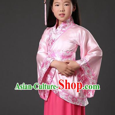 Asian China Ancient Han Dynasty Palace Lady Costume, Traditional Chinese Hanfu Embroidered Pink Curve Bottom Clothing for Kids