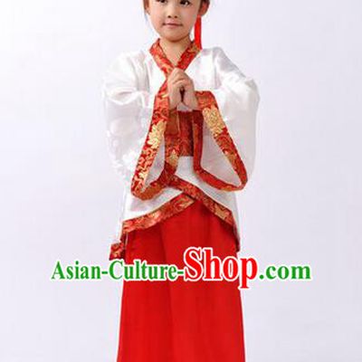 Asian China Ancient Han Dynasty Palace Lady Costume, Traditional Chinese Hanfu Embroidered Red Curve Bottom Clothing for Kids