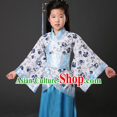 Asian China Ancient Han Dynasty Palace Lady Costume, Traditional Chinese Hanfu Embroidered Blue Curve Bottom Clothing for Kids
