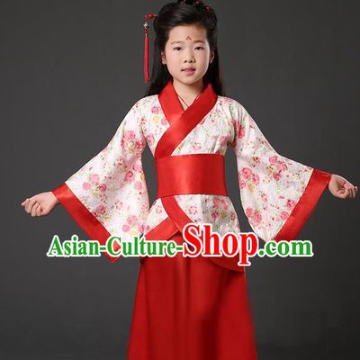 Asian China Ancient Han Dynasty Palace Lady Costume, Traditional Chinese Hanfu Embroidered Red Curve Bottom Clothing for Kids